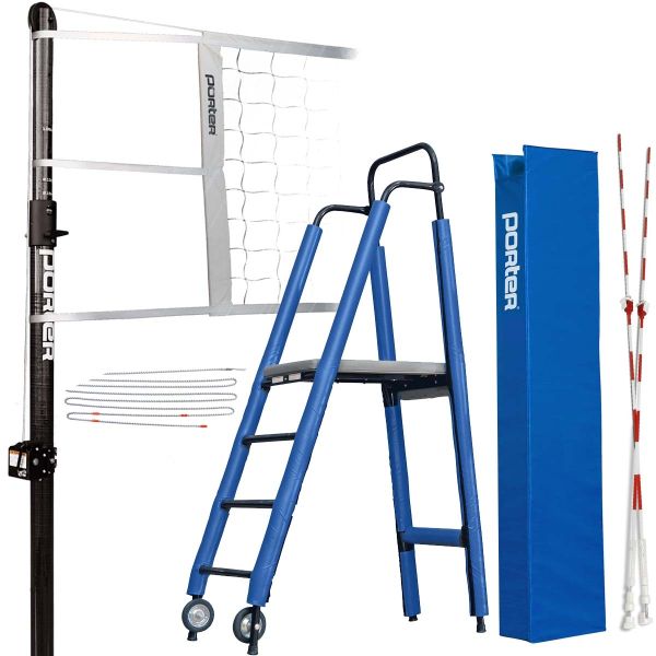 Porter Powr-Carbon II 3&quot; INTERNATIONAL Volleyball Net System Package w/ Ref Stand